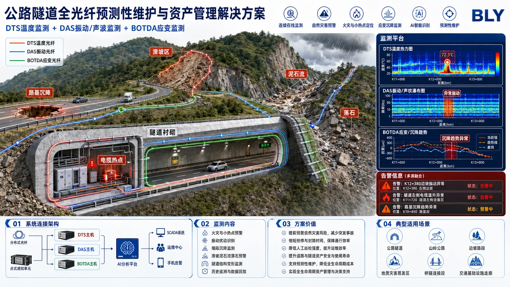 All-fiber fire and operational safety monitoring for road and railway tunnels — application illustration