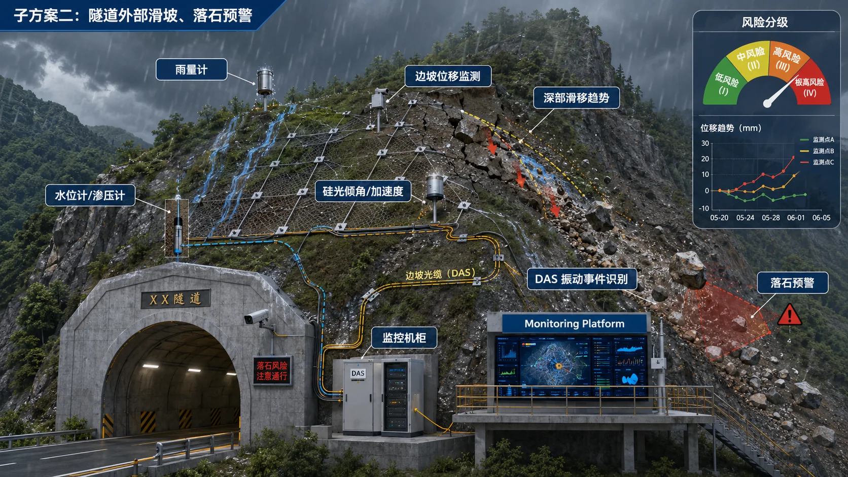 Temperature, strain and vibration monitoring for slopes, landslides and geohazards — application illustration