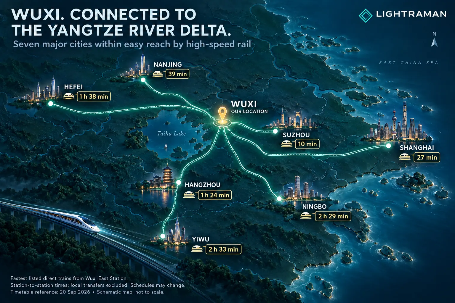 LIGHTRAMAN in Wuxi, connected by high-speed rail to Shanghai, Suzhou, Hangzhou, Ningbo, Yiwu, Nanjing and Hefei.